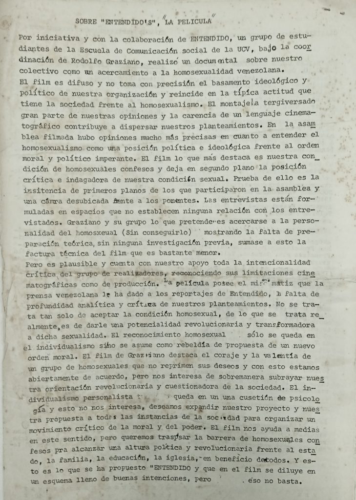 “Sobre Entendido's, la película”. En: Boletín Informativo del Grupo Entendido, n.º 1, Caracas, febrero-marzo 1982, s.p.