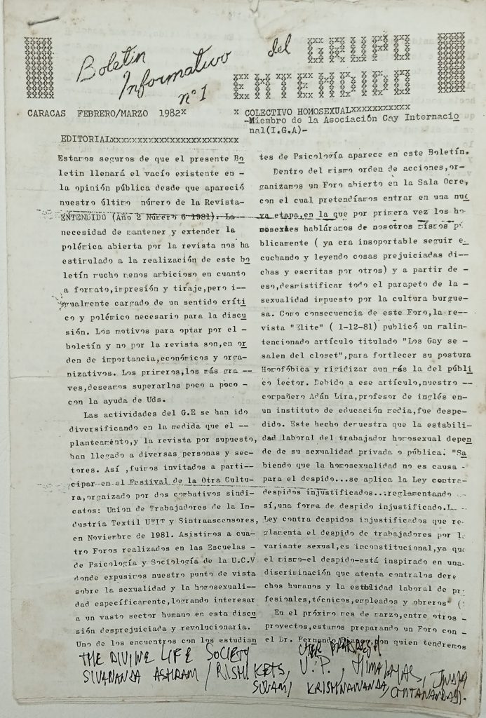 “Editorial”. En: Boletín Informativo del Grupo Entendido, n.º 1, Caracas, febrero-marzo 1982, s.p.