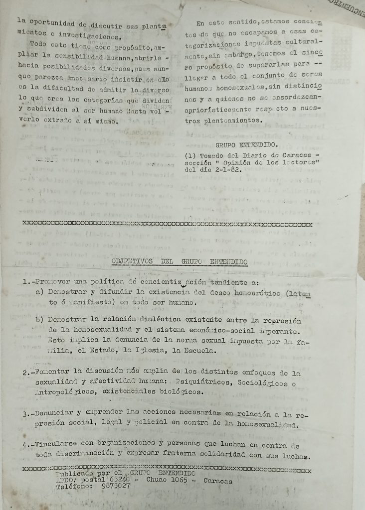 “Editorial” y “Objetivos del Grupo Entendido”. En: Boletín Informativo del Grupo Entendido, n.º 1, Caracas, febrero-marzo 1982, s.p. 