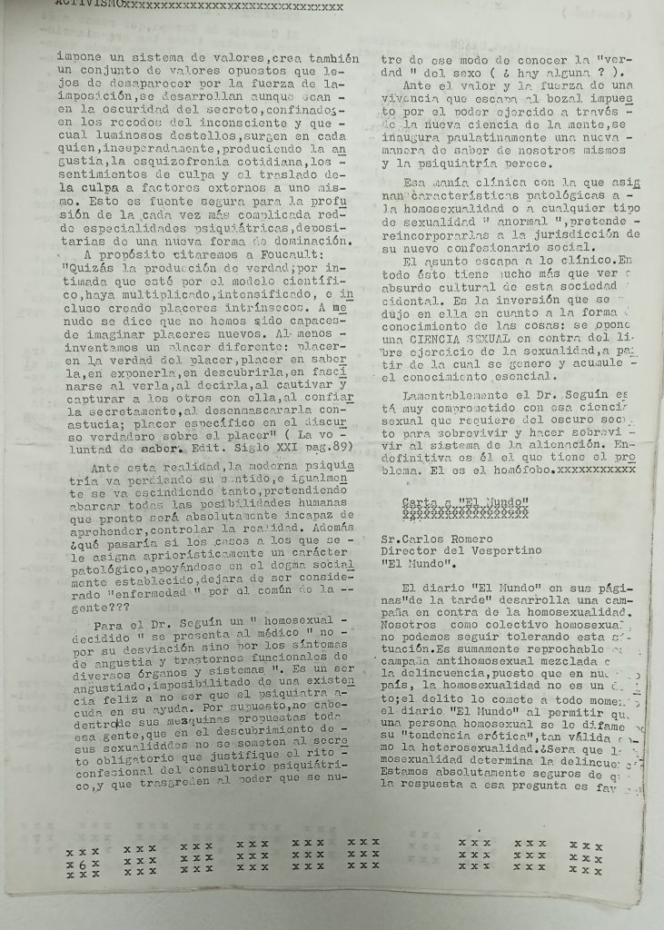 “La psiquiatría homofóbica” (cont.); y “Carta a El Mundo”, sección “Activismo”. En: Boletín Informativo del Grupo Entendido, n.º 1, Caracas, febrero-marzo 1982, p. 6.