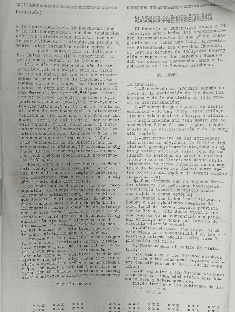 “Carta a El Mundo” (cont.), sección “Activismo” y “El Consejo de Europa vota homo”, sección “Derechos Humanos”. En: Boletín Informativo del Grupo Entendido, n.º 1, Caracas, febrero-marzo 1982, p. 7.