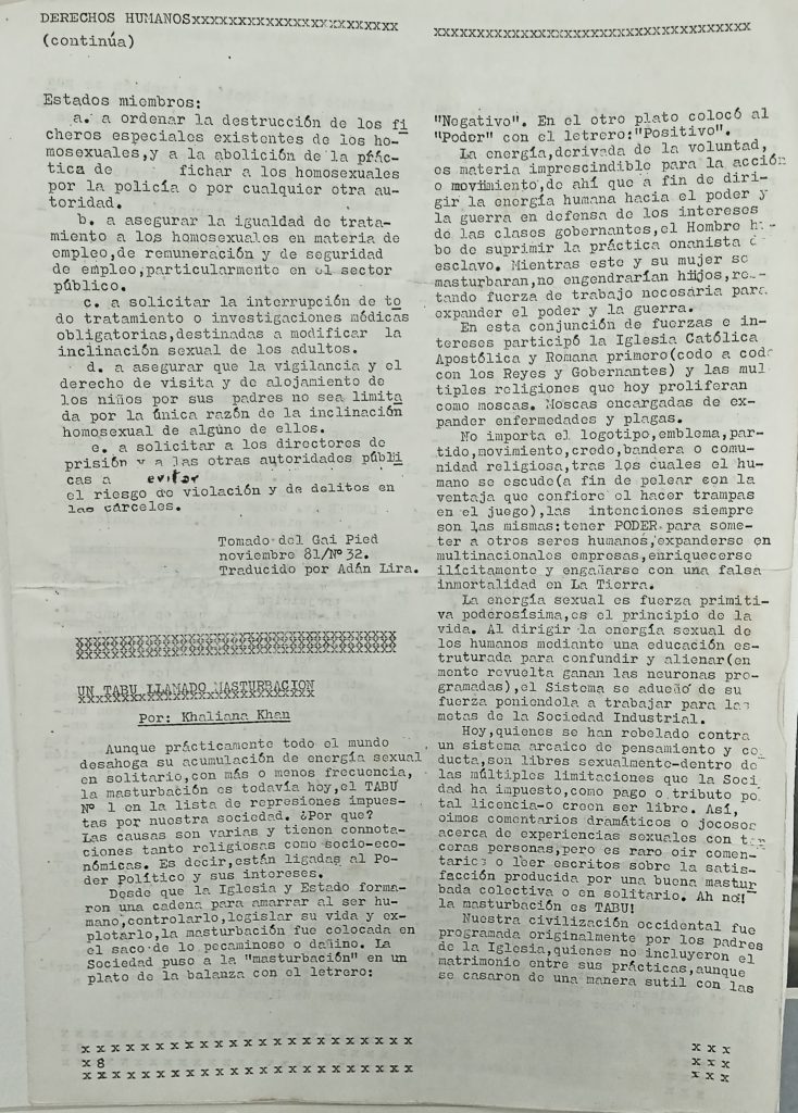 “El Consejo de Europa vota homo”, sección “Derechos Humanos” y Khaliana Khan. “Un tabú llamado masturbación”. En: Boletín Informativo del Grupo Entendido, n.º 1, Caracas, febrero-marzo 1982, p. 8.