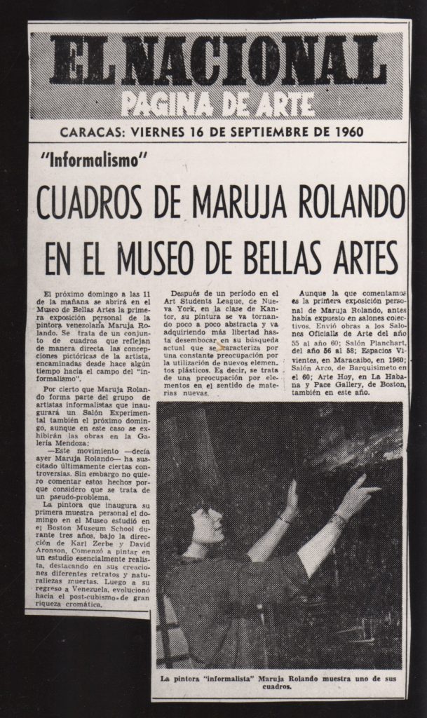 “Cuadros de Maruja Rolando en el Museo de Bellas Artes”. En: El Nacional. Caracas, 16 de septiembre 1960. 