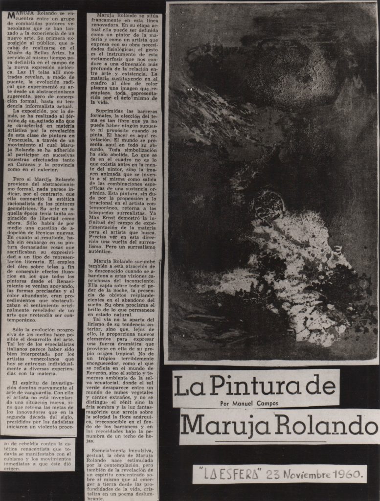 Manuel Campos. “La pintura de Maruja Rolando”. En: La Esfera. Caracas, 23 de noviembre 1960. 