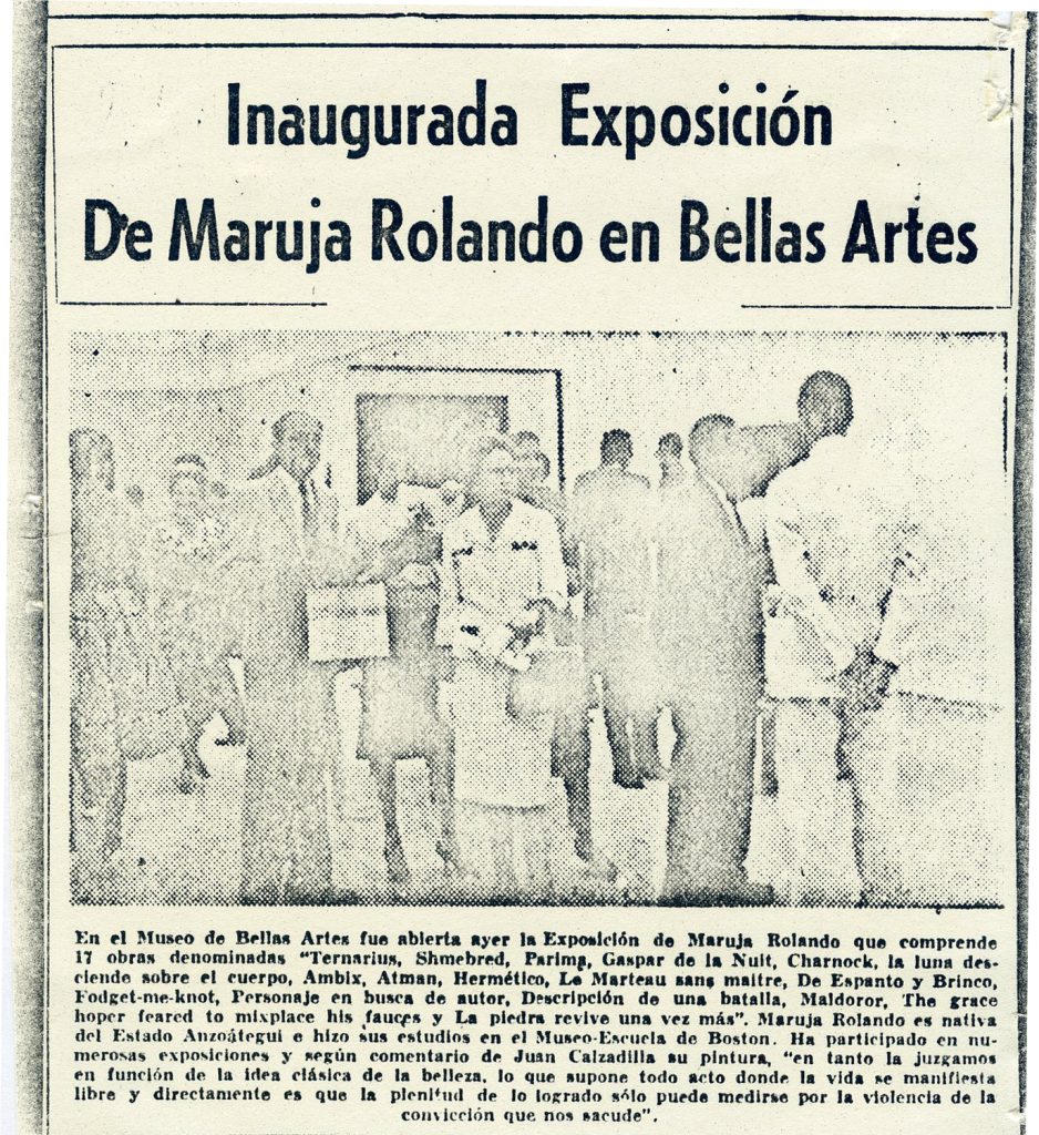 “Inaugurada exposición de Maruja Rolando en Bellas Artes”. En: El Nacional. Caracas, 19 de septiembre 1960. 