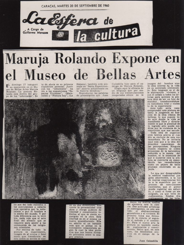 Guillermo Meneses. “Maruja Rolando expone en el Museo de Bellas Artes”. En: La Esfera. Caracas, 20 de septiembre 1960. 