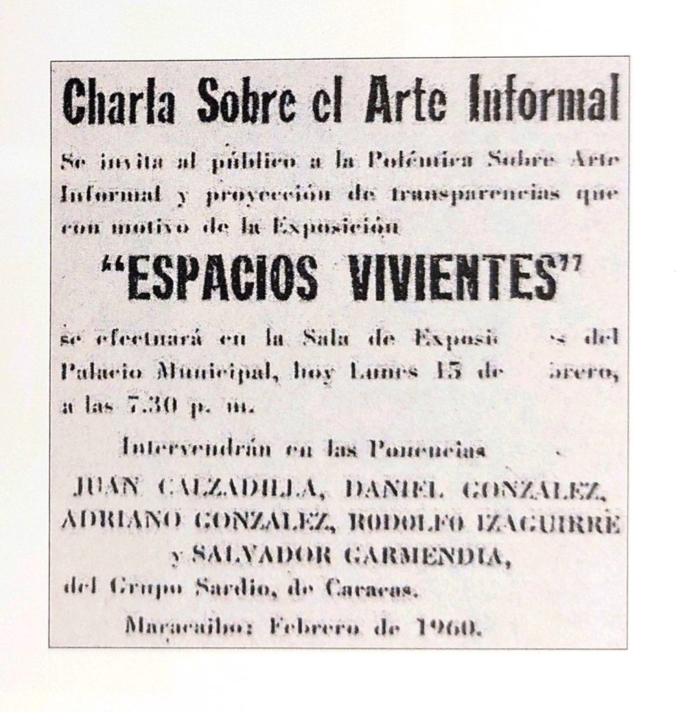 Anuncio de charla sobre arte informal en el marco de la exposición Espacios vivientes, Maracaibo, febrero 1960.
