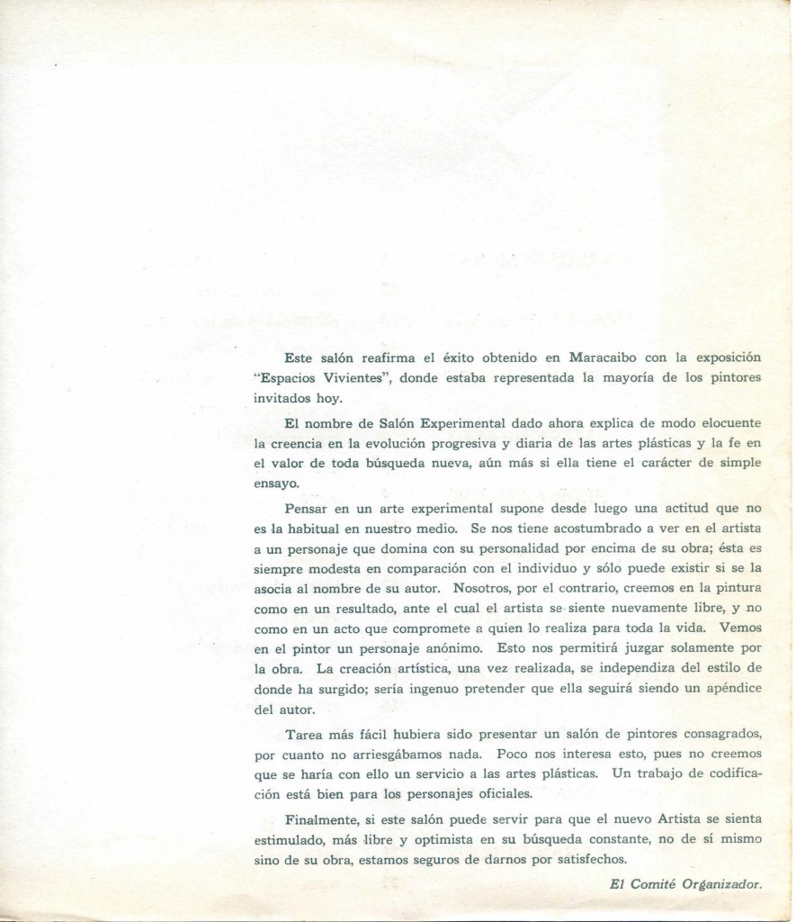 Salón experimental [catálogo de exposición], Sala de Exposiciones Fundación Eugenio Mendoza, Caracas, 1960, [p. 1].