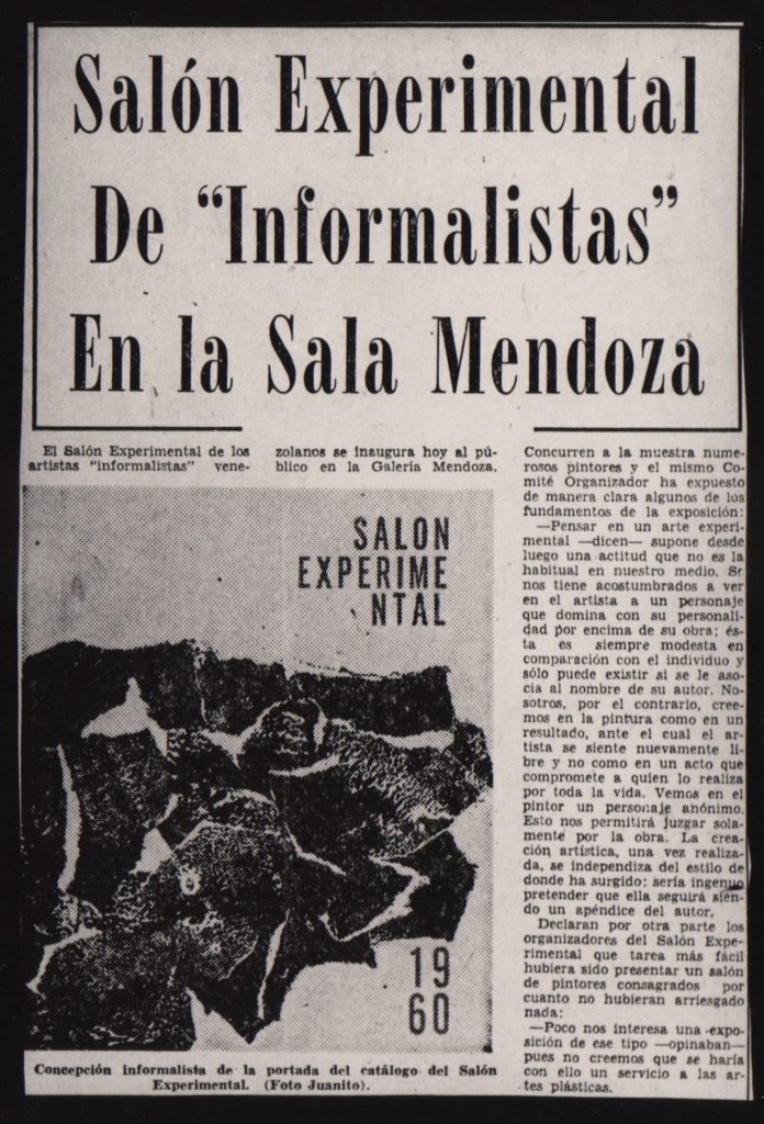 “Salón Experimental de «informalistas» en la Sala Mendoza”. En: El Nacional, Caracas, 18 de septiembre 1960. 