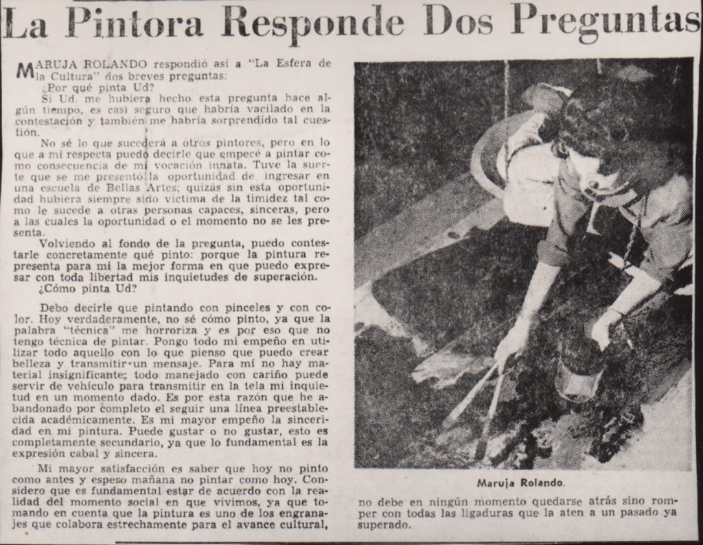 “La pintora responde dos preguntas”. En: La Esfera. Caracas, 20 de septiembre de 1960.