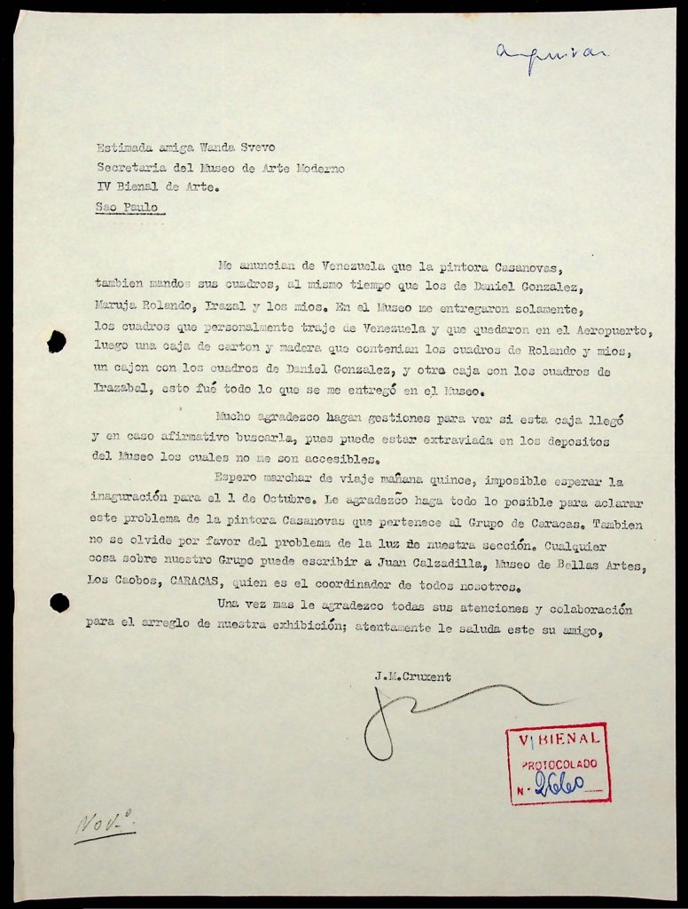 Cruxent, José María (septiembre de 1961). [Carta a Wanda Svevo], Colección Arquivo Histórico Wanda Svevo. 