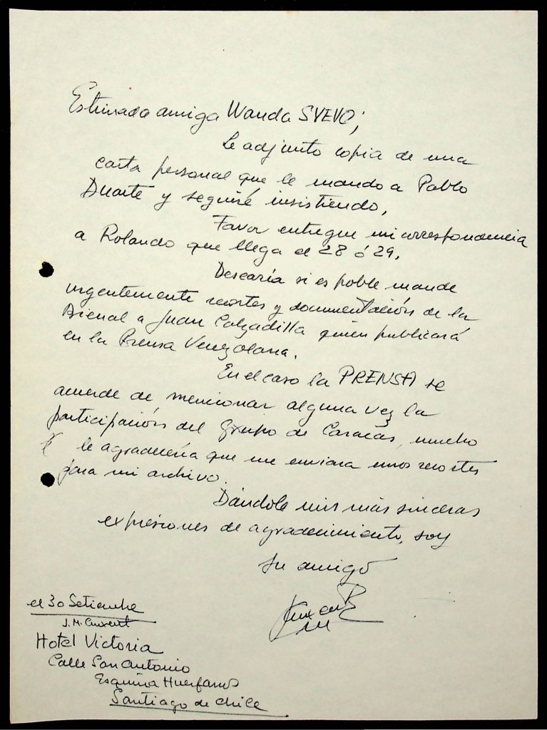 Cruxent, José María (30 de septiembre de 1961). [Carta a Wanda Svevo], Colección Arquivo Histórico Wanda Svevo. 
