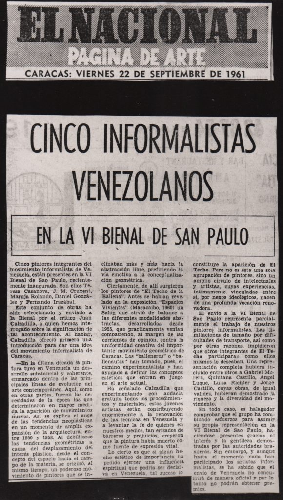 “Cinco informalistas venezolanos en la VI Bienal de San Paulo”. El Nacional, Caracas, 22 de septiembre de 1961. 