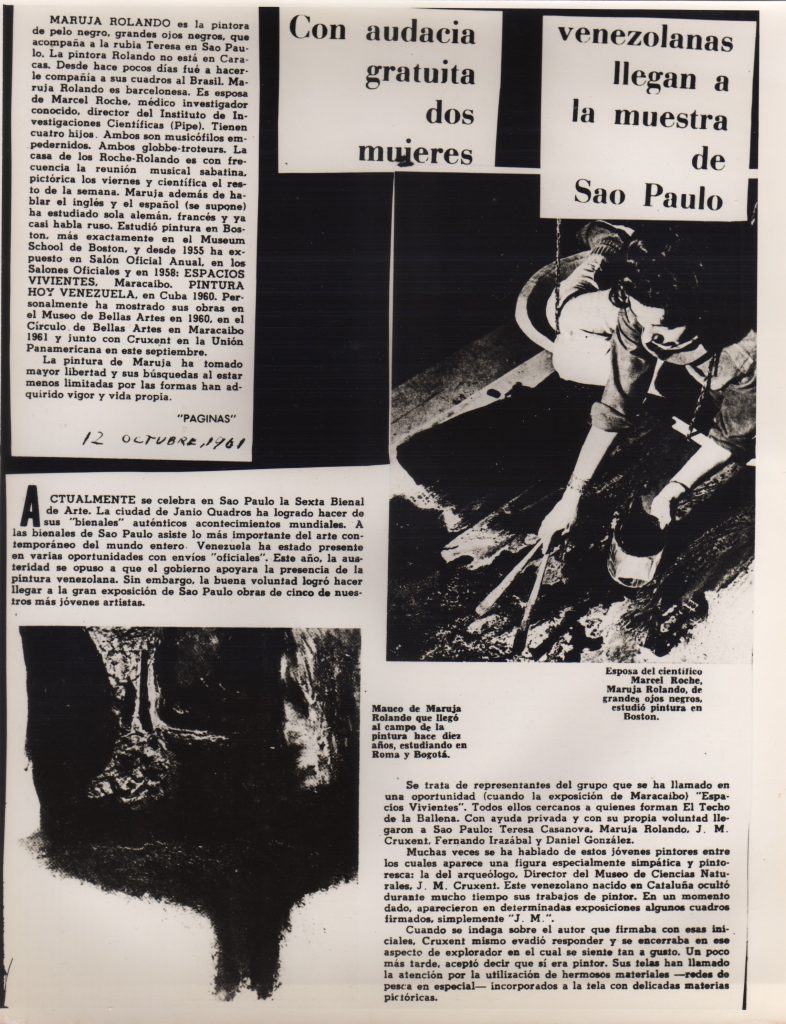 “Con audacia gratuita dos mujeres venezolanas llegan a la muestra de Sao Paulo”. Páginas, Caracas, 12 de octubre de 1961. 