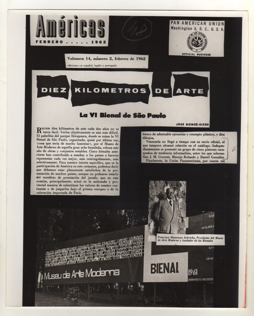 Gómez-Sicre, José. “Diez kilómetros de arte. La VI Bienal de São Paulo”. Américas. Pan American Union, Washington, volumen 14, número 2, febrero de 1962. 