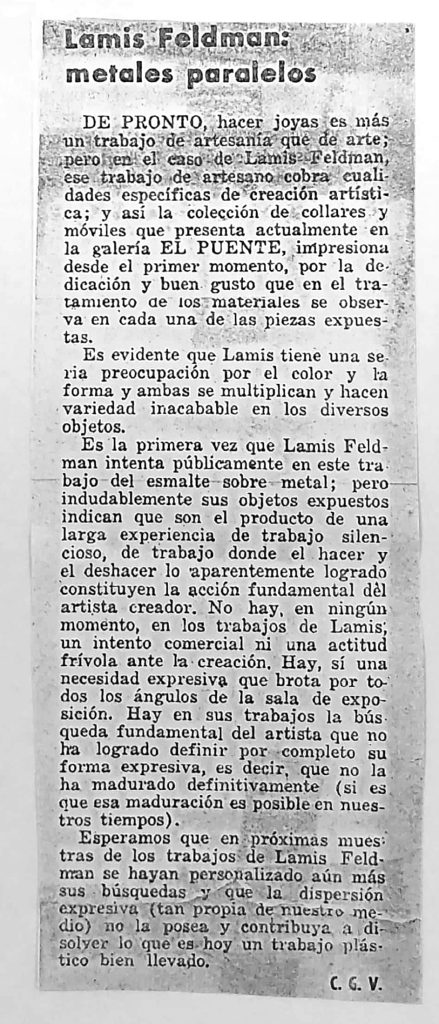 C.G.V. “Lamis Feldman: metales paralelos”. En: Imagen, Caracas, 15 de mayo de 1968. 