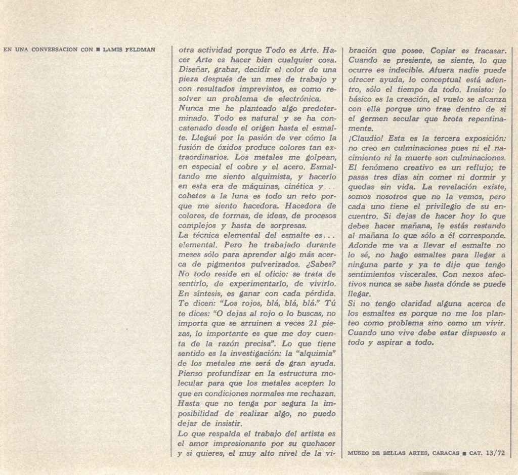 Lamis Feldman. Esmaltes [catálogo de exposición]. Museo de Bellas Artes, Caracas, 1972, [p. 8].